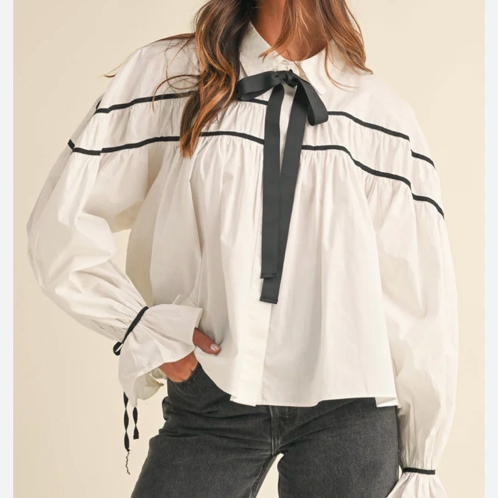 MARBLE White Blouse with Black Ribbon Detail
Sku#199